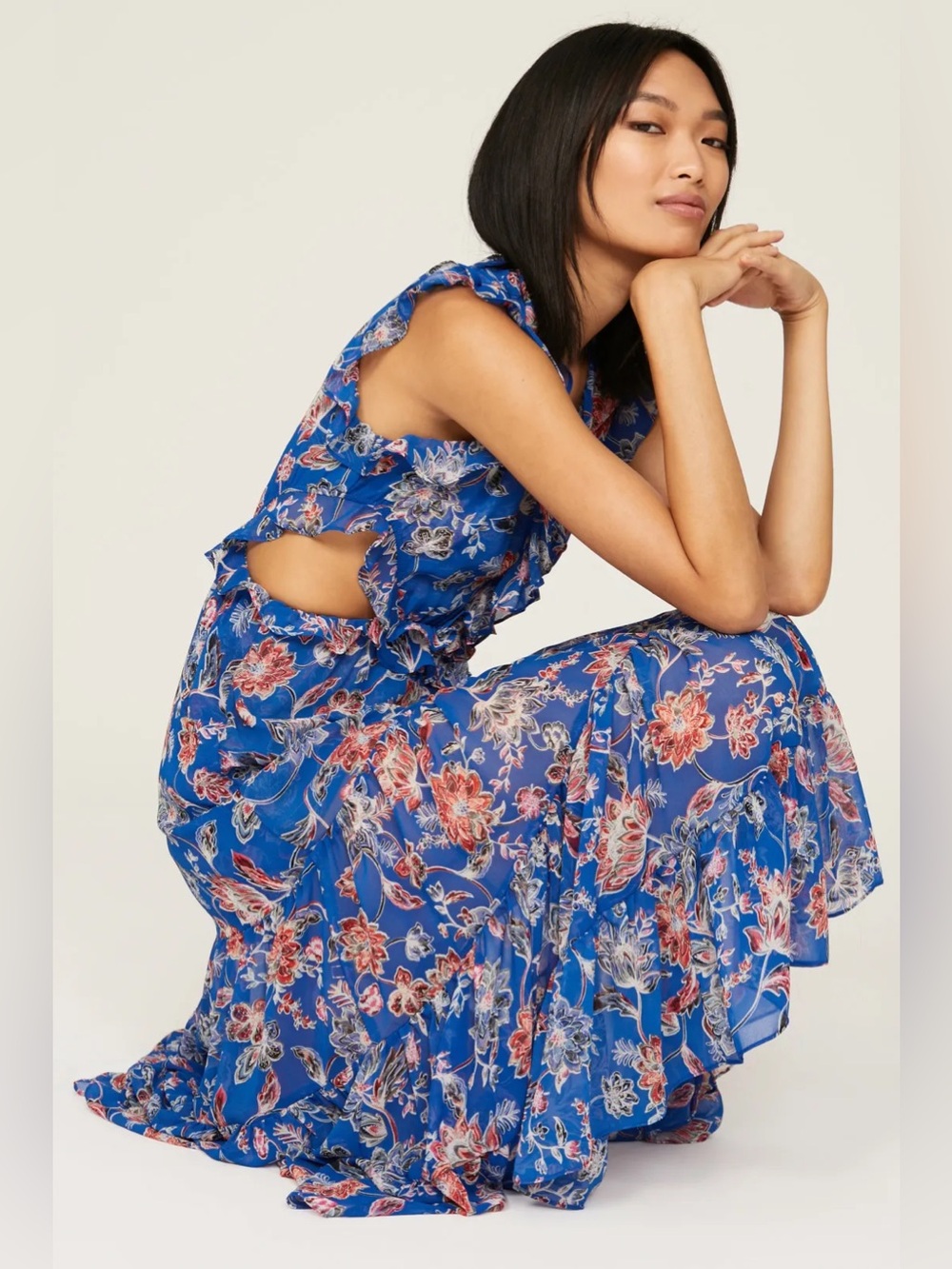 NWT MISA Los Angeles Women's Blue Natasha Cut-Out Ruffled Midi-Dress - Picture 2 of 11